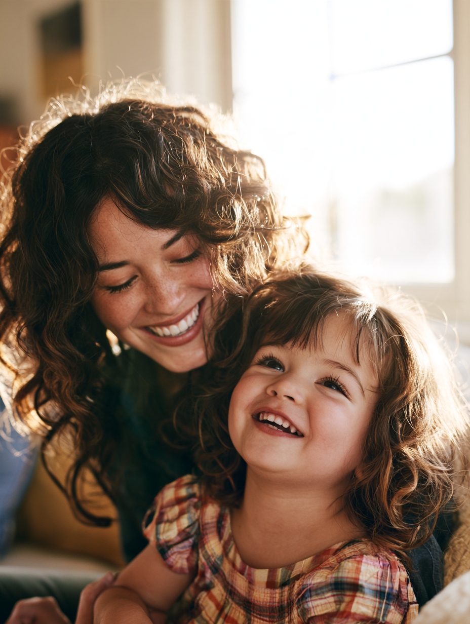 A smiling caregiver laughing with children outdoors