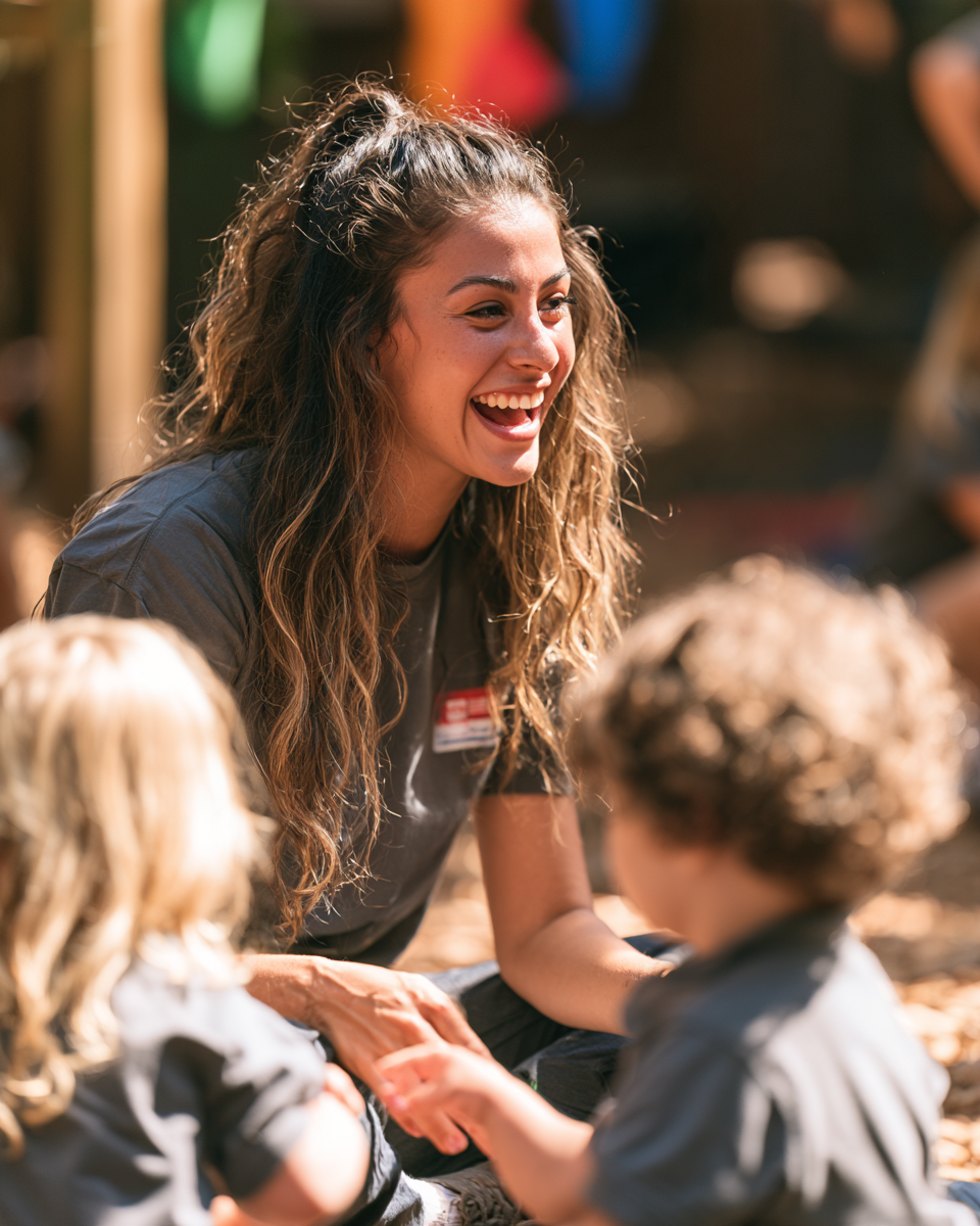 A caregiver laughing while playing with children outside