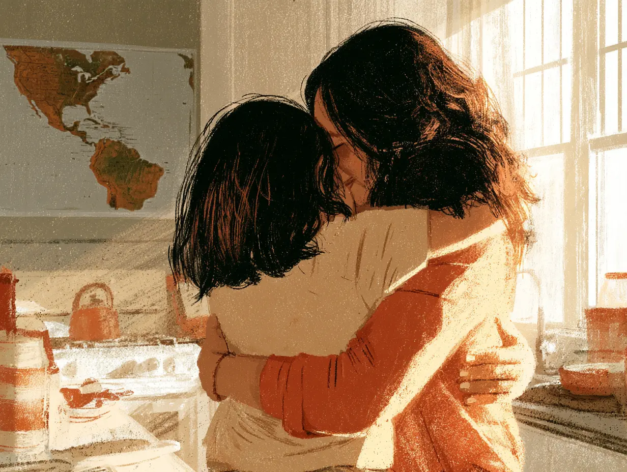A parent hugging a child in a sunlit kitchen with a map on the wall